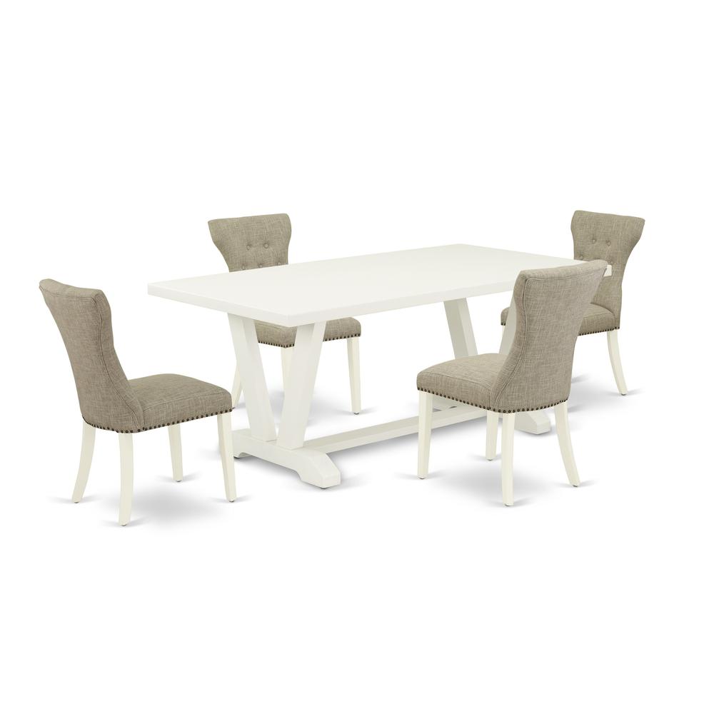 East West Furniture 5-Pc Dinette Room Set- 4 Upholstered Dining Chairs with Doeskin Linen Fabric Seat and Button Tufted Chair Back - Rectangular Table Top & Wooden Legs - Linen White Finish. Picture 1