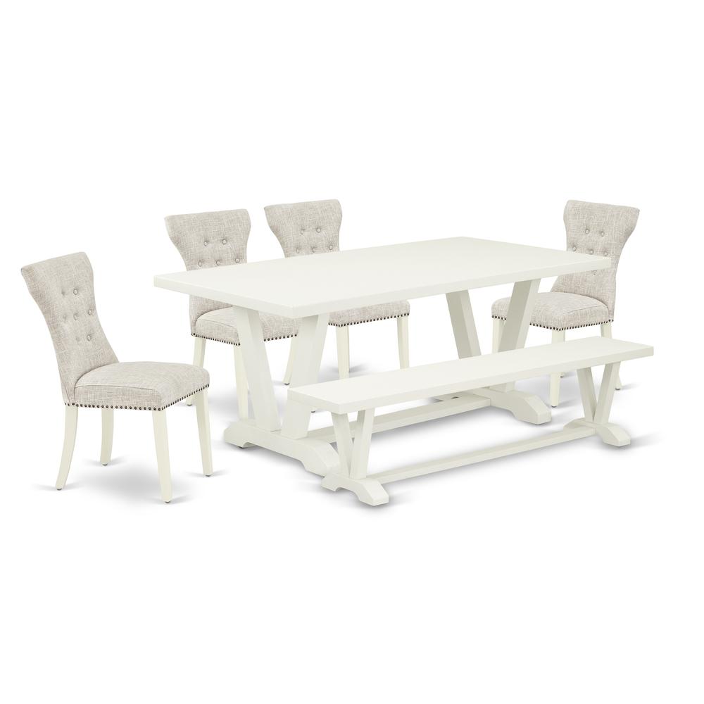 East West Furniture 6-Pc Dining Room Table Set- 4 Parson Dining Chairs with Doeskin Linen Fabric Seat and Button Tufted Chair Back - Rectangular Top & Wooden Legs Dining Table and Wooden Dining Bench. Picture 1