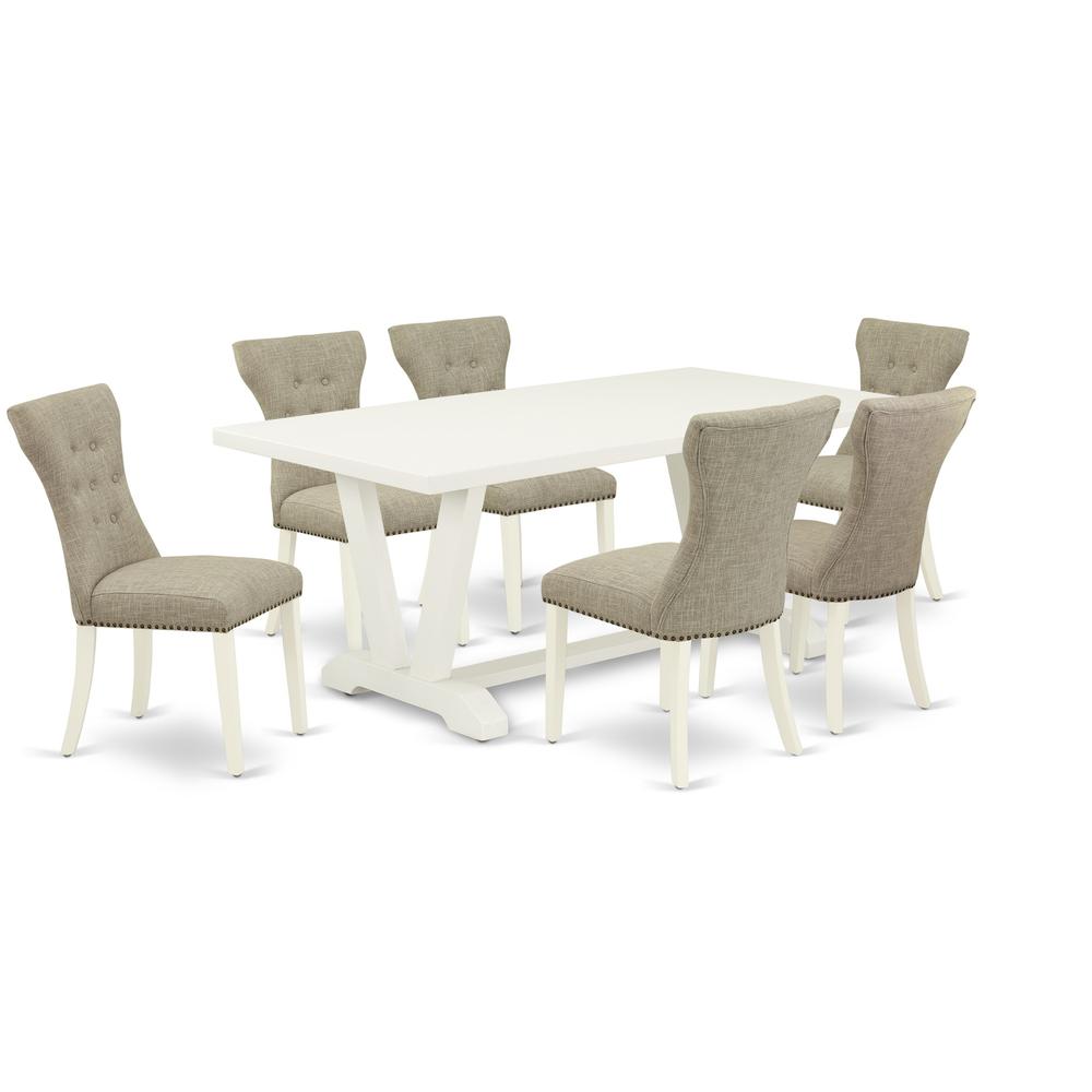 East West Furniture 7-Pc Dining Room Table Set- 6 Dining Chairs with Doeskin Linen Fabric Seat and Button Tufted Chair Back - Rectangular Table Top & Wooden Legs - Linen White Finish. Picture 1