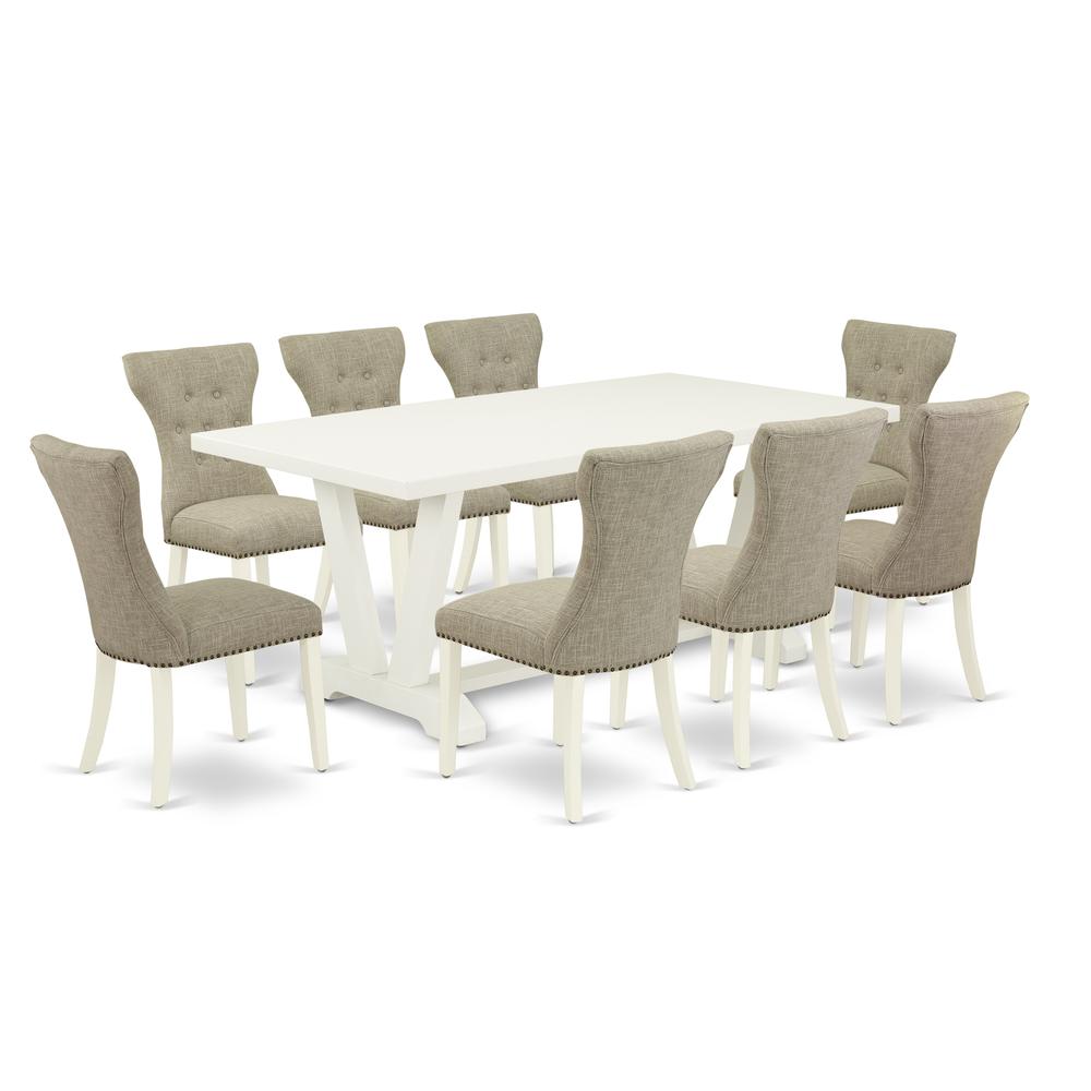 East West Furniture 9-Piece Modern Dining Set- 8 Kitchen Chairs with Doeskin Linen Fabric Seat and Button Tufted Chair Back - Rectangular Table Top & Wooden Legs - Linen White Finish. Picture 1