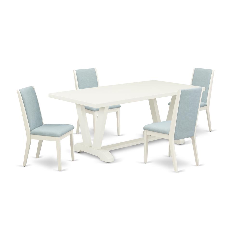 East West Furniture V027LA015-5 5Pc Modern Dining Table Set Offers a Dining Room Table and 4 Upholstered Dining Chairs with Baby Blue Color Linen Fabric, Medium Size Table with Full Back Chairs, Wireb. Picture 1