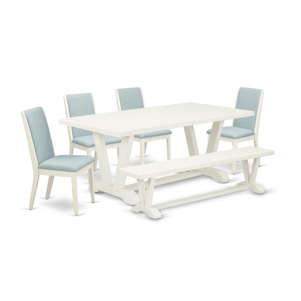East West Furniture V027LA015-6 6Pc Dining Set Offers a Dining Room Table, 4 Parson Dining Chairs with Baby Blue Color Linen Fabric and a Bench, Medium Size Table with Full Back Chairs, Wirebrushed Li. The main picture.