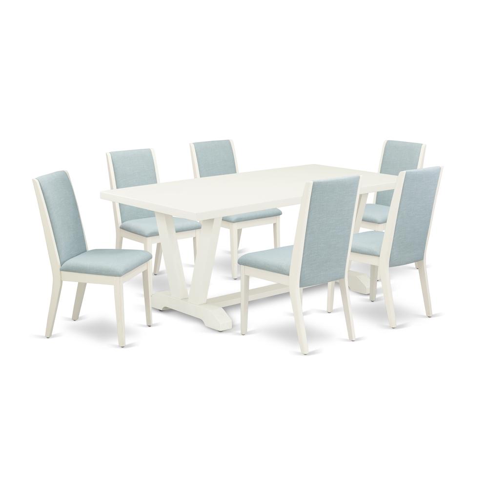 East West Furniture V027LA015-7 7Pc Dining Table Set Contains a Dining Room Table and 6 Parson Chairs with Baby Blue Color Linen Fabric, Medium Size Table with Full Back Chairs, Wirebrushed Linen Whit. Picture 1
