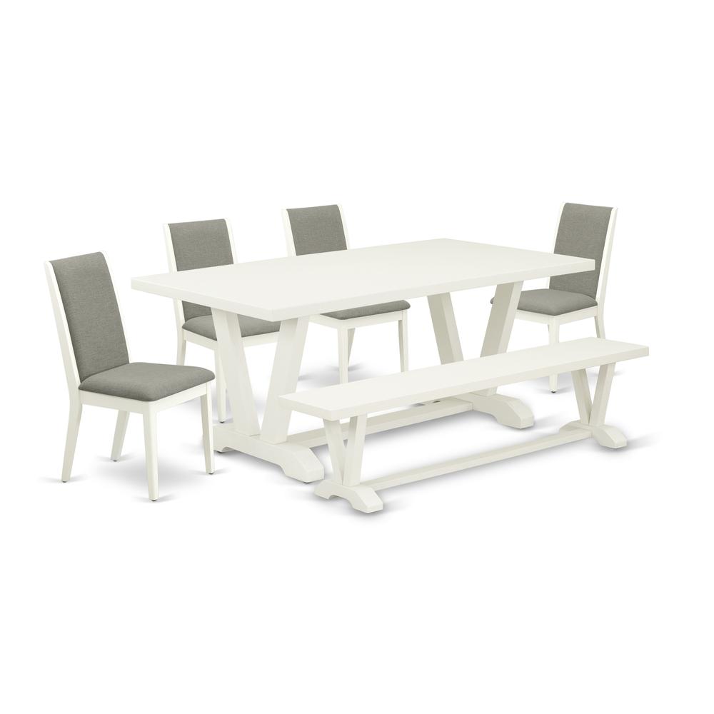 East West Furniture V027LA206-6 6-Piece Amazing Dining Room Table Set an Excellent Linen White Kitchen Rectangular Table Top and Linen White Kitchen Bench and 4 Stunning Linen Fabric Dining Room Chair. Picture 1