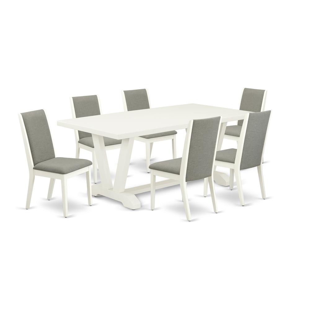 East West Furniture V027LA206-7 7-Piece Fashionable Rectangular Dining Room Table Set a Superb Linen White Rectangular Dining Table Top and 6 Amazing Linen Fabric Padded Chairs with Stylish Chair Back. Picture 1