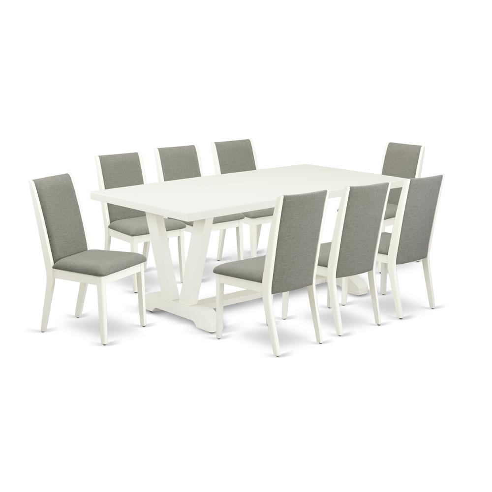 East West Furniture V027LA206-9 9-Piece Awesome Dining Table Set a Good Linen White Dining Table Top and 8 Awesome Linen Fabric Dining Room Chairs with Stylish Chair Back, Linen White Finish. Picture 1