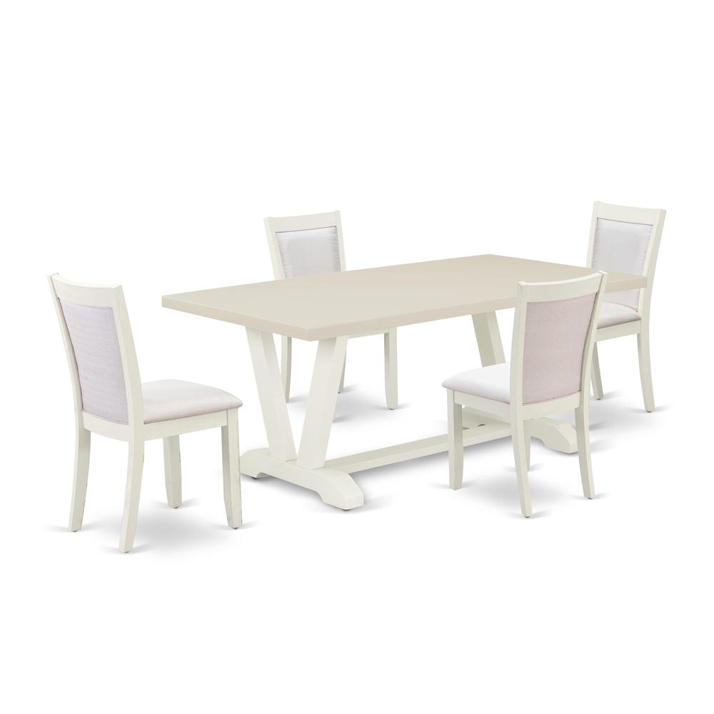 East West Furniture 5-Pc Modern Dining Set Includes a Mid Century Dining Table and 4 Cream Linen Fabric Upholstered Chairs with Stylish Back - Wire Brushed Linen White Finish. Picture 2