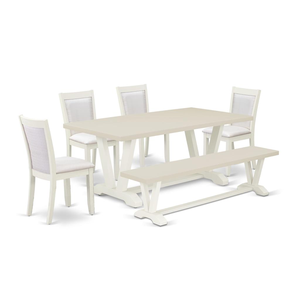 East West Furniture 6-Pc Modern Dining Set Includes a Dinner Table - 4 Cream Linen Fabric Padded Chairs with Stylish Back and a Dining Room Bench - Wire Brushed Linen White Finish. Picture 2