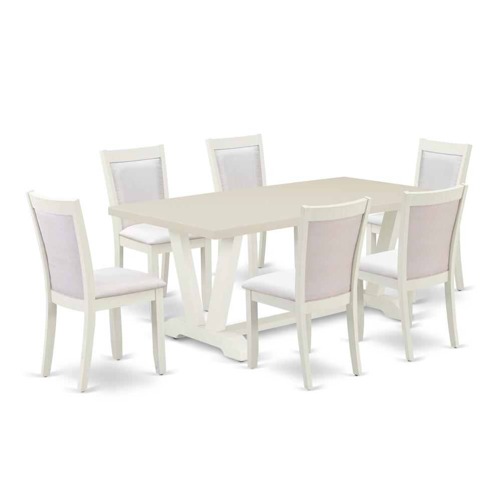 East West Furniture 7-Pc Dinner Table Set Includes a Modern Dining Table and 6 Cream Linen Fabric Dining Chairs with Stylish Back - Wire Brushed Linen White Finish. Picture 2