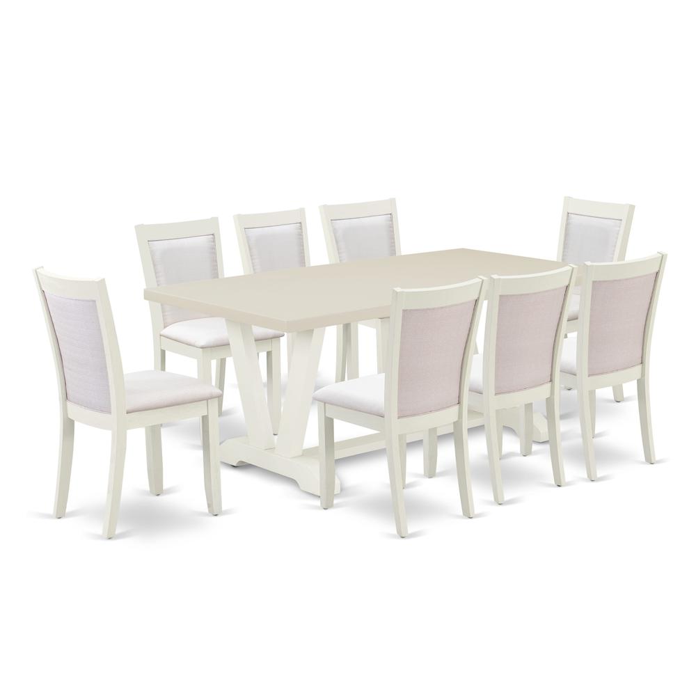 East West Furniture 9-Pc Dinette Set Includes a Wooden Table and 8 Cream Linen Fabric Dining Chairs with Stylish Back - Wire Brushed Linen White Finish. Picture 2