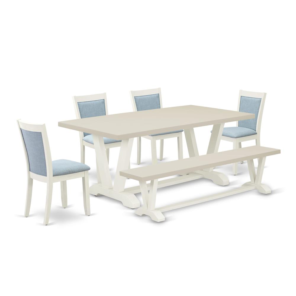 East West Furniture 6-Pc Table Set Includes a Wood Dining Table - 4 Baby Blue Linen Fabric Upholstered Chairs with Stylish Back and a Wood Bench - Wire Brushed Linen White Finish. Picture 2
