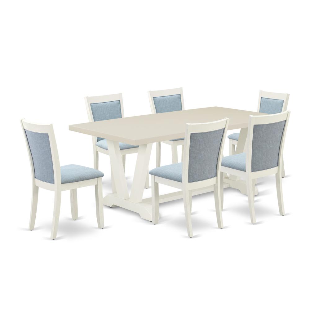 East West Furniture 7-Pc Kitchen Dining Table Set Includes a Dinning Table and 6 Baby Blue Linen Fabric Dining Chairs with Stylish Back - Wire Brushed Linen White Finish. Picture 2