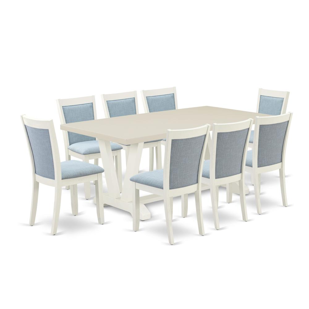 East West Furniture 9-Pc Dining Room Table Set Includes a Rectangular Table and 8 Baby Blue Linen Fabric Dining Chairs with Stylish Back - Wire Brushed Linen White Finish. Picture 2