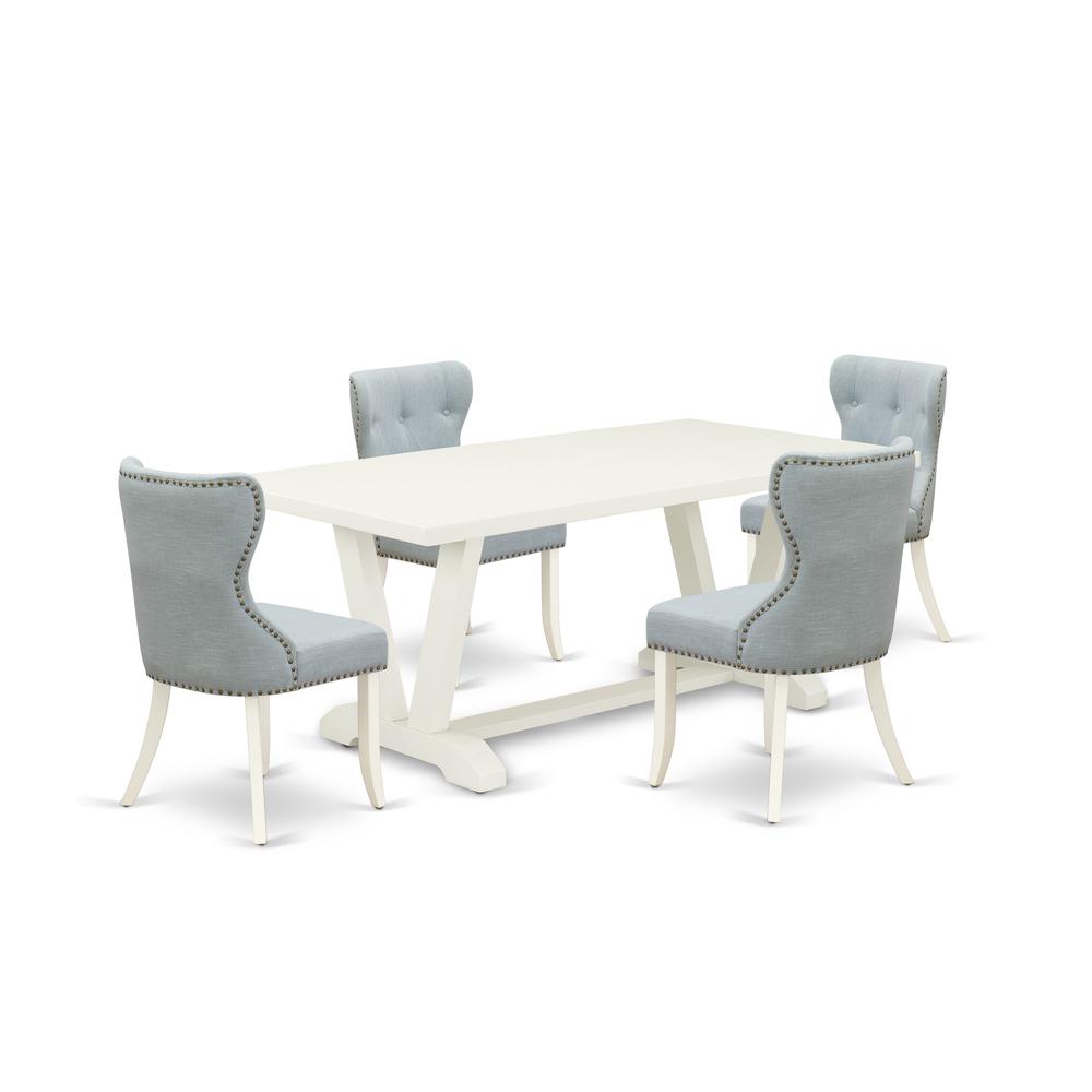 East West Furniture V027SI215-5 5-Pc Modern Dining Set- 4 padded parson chairs with Baby Blue Linen Fabric Seat and Button Tufted Chair Back - Rectangular Table Top & Wooden Legs - Linen White Finish. Picture 1