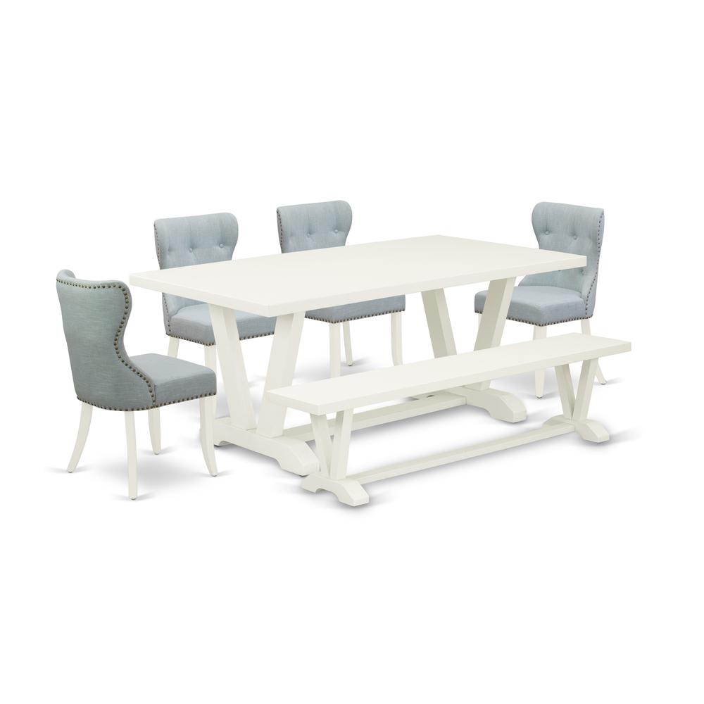 East West Furniture V027SI215-6 6-Pc Dining Table Set- 4 Kitchen Chairs with Baby Blue Linen Fabric Seat and Button Tufted Chair Back - Rectangular Top & Wooden Legs Kitchen Dining table and dining be. Picture 1