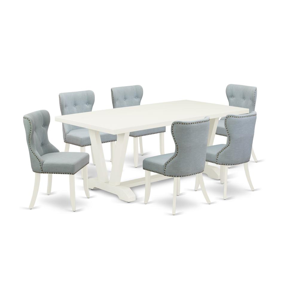 East West Furniture V027SI215-7 7-Pc Dinette Set- 6 Kitchen Parson Chairs with Baby Blue Linen Fabric Seat and Button Tufted Chair Back - Rectangular Table Top & Wooden Legs - Linen White Finish. Picture 1