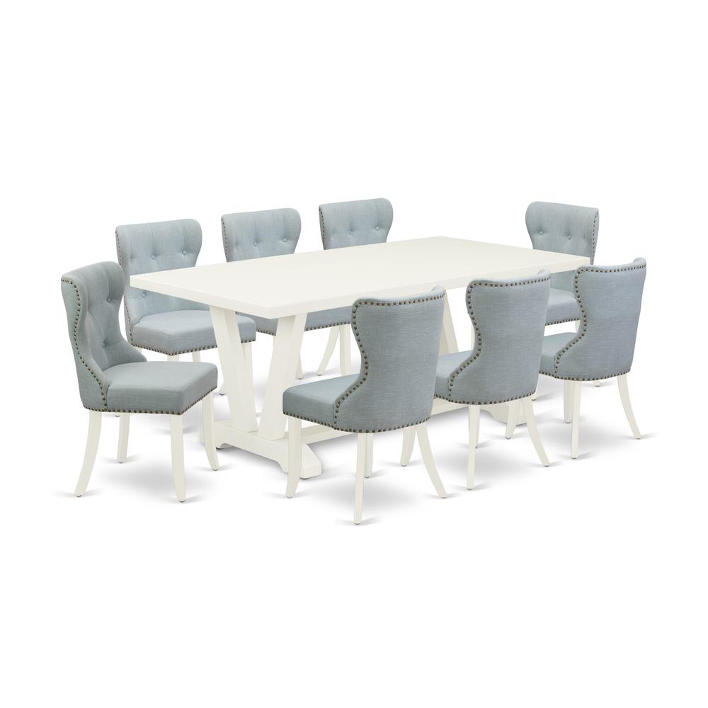 East West Furniture V027SI215-9 9-Piece Dining Room Table Set- 8 Dining Padded Chairs with Baby Blue Linen Fabric Seat and Button Tufted Chair Back - Rectangular Table Top & Wooden Legs - Linen White. Picture 1
