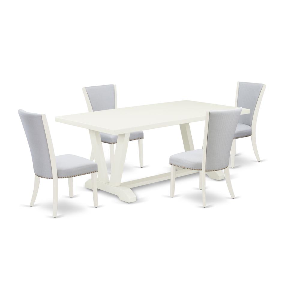 East West Furniture 5-Pc Dining Table Set Consists of 4 Modern Chairs with Upholstered Seat and Stylish Back-Rectangular Dining Table - Linen White and Wirebrushed Linen White Finish. The main picture.