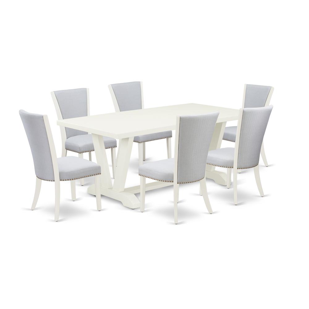 East West Furniture 7-Pc Dinette Set Consists of 6 Modern Chairs with Upholstered Seat and Stylish Back-Rectangular Modern Dining Table - Linen White and Wirebrushed Linen White Finish. Picture 1