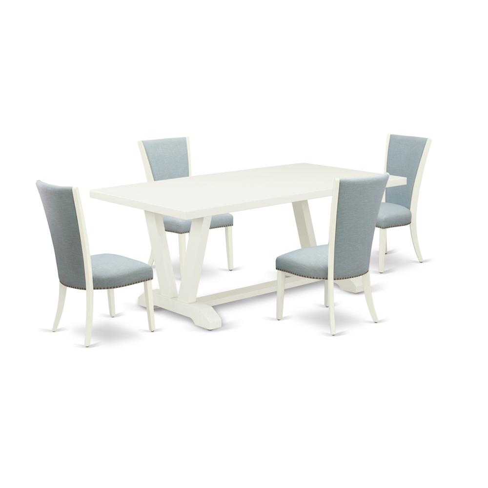 East West Furniture V027VE215-5 5 Piece Mid Century Dining Room Set - 4 Baby Blue Linen Fabric Parson Chairs with Nailheads and Linen White Kitchen Table - Linen White Finish. Picture 1