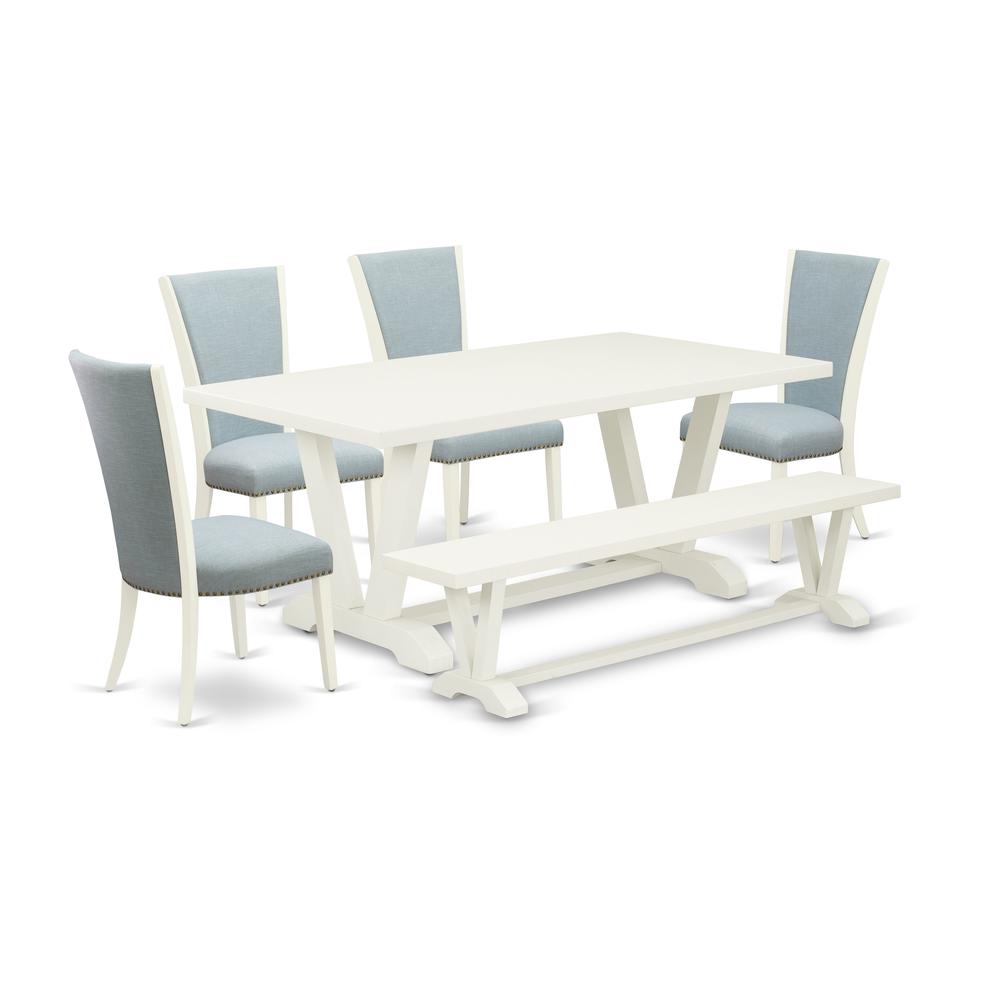 East West Furniture V027VE215-6 6 Piece Mid Century Dining Set - 4 Baby Blue Linen Fabric Dining Chairs with Nailheads and Linen White Wood Dining Table - 1 Dining Room Bench - Linen White Finish. Picture 1