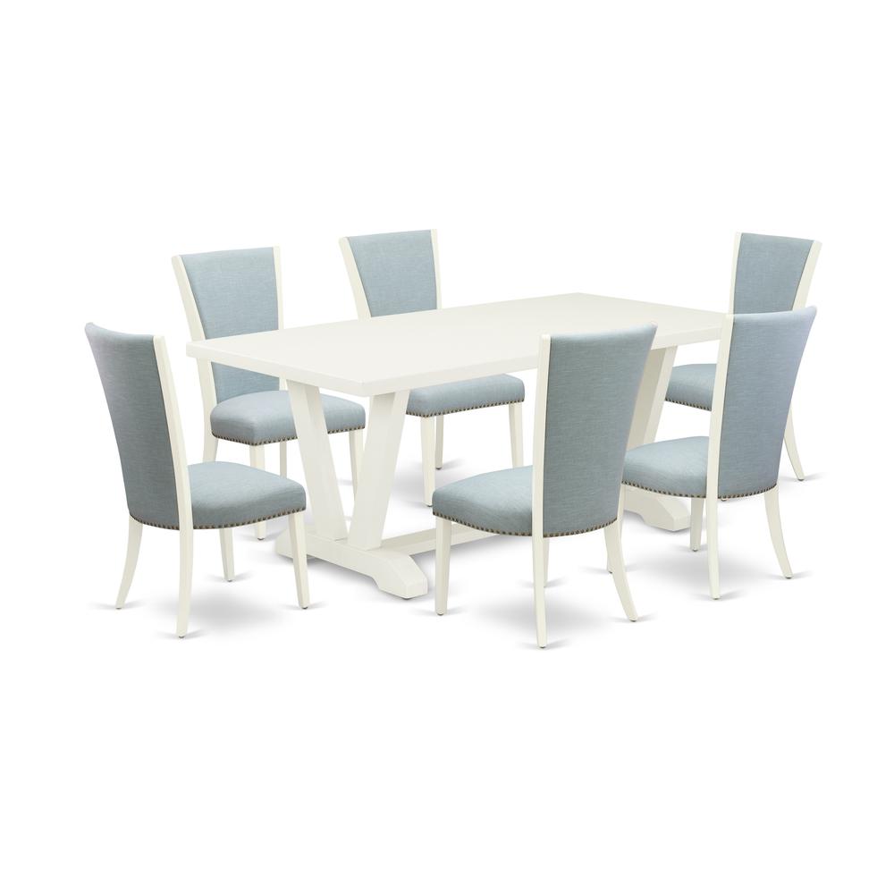 East West Furniture V027VE215-7 7-Piece Mid Century Dining Set - 6 Baby Blue Linen Fabric Parson Dining Chairs with Nail Heads and Linen White Wooden Table - Linen White Finish. Picture 1