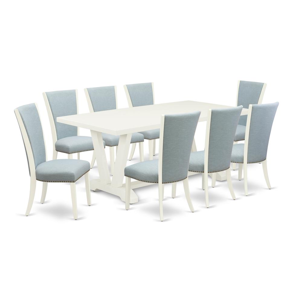 East West Furniture V027VE215-9 9 Piece Kitchen Table Set - 8 Baby Blue Linen Fabric Dining Room Chairs with Nail Heads and Linen White Modern Kitchen Table - Linen White Finish. Picture 1