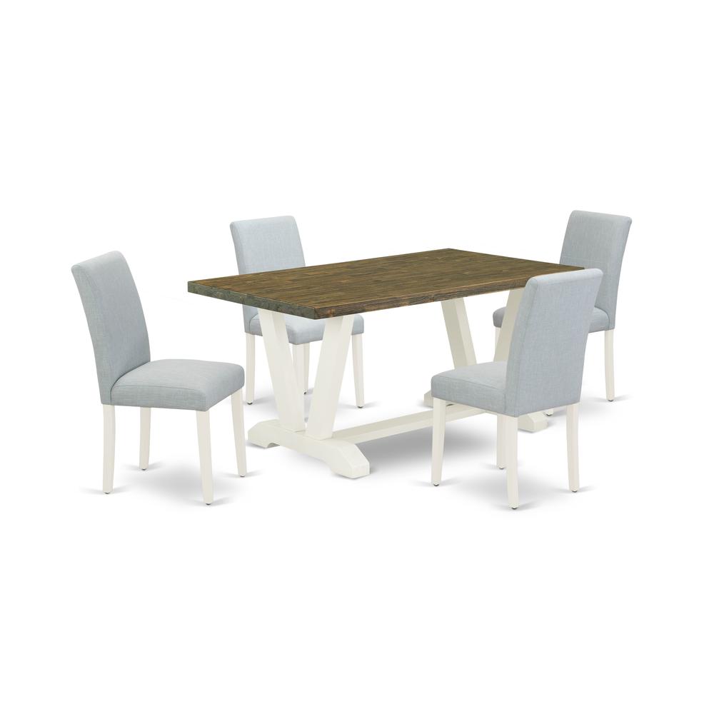 East West Furniture 5-Pc dining room table set Includes 4 Kitchen Chairs with Upholstered Seat and High Back and a Rectangular Dining Table - Linen White Finish. Picture 1
