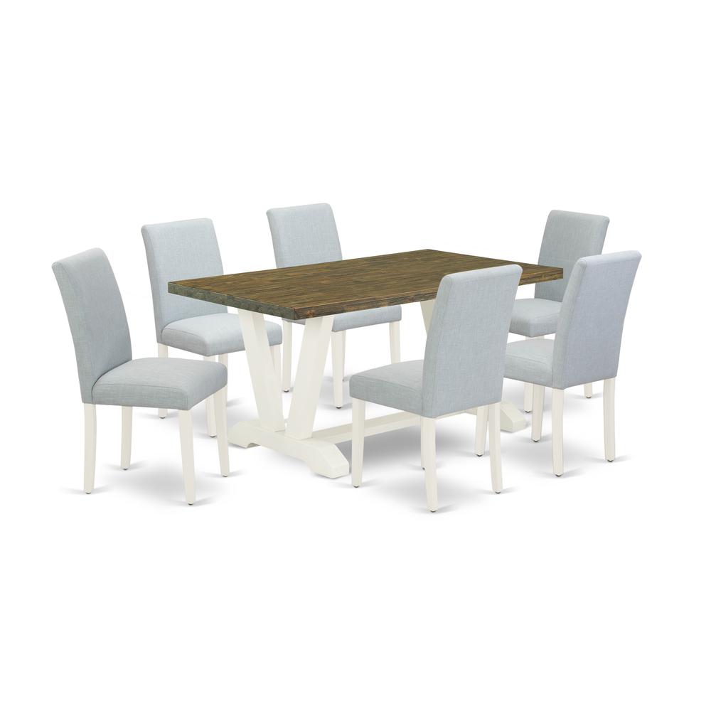 East West Furniture 7-Piece Kitchen and Dining Room Chairs Includes 6 Mid Century Chairs with Upholstered Seat and High Back and a Rectangular Kitchen Table - Linen White Finish. Picture 1