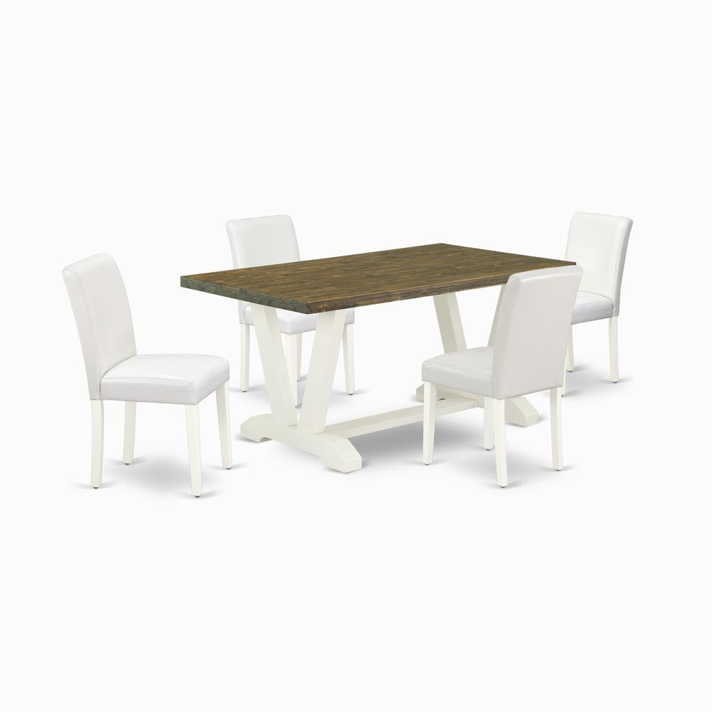 East West Furniture V076AB264-5 5-Piece Awesome Dining Set a Good Distressed Jacobean dining table Top and 4 Lovely Pu Leather Parson Chairs with Stylish Chair Back, Linen White Finish. Picture 1