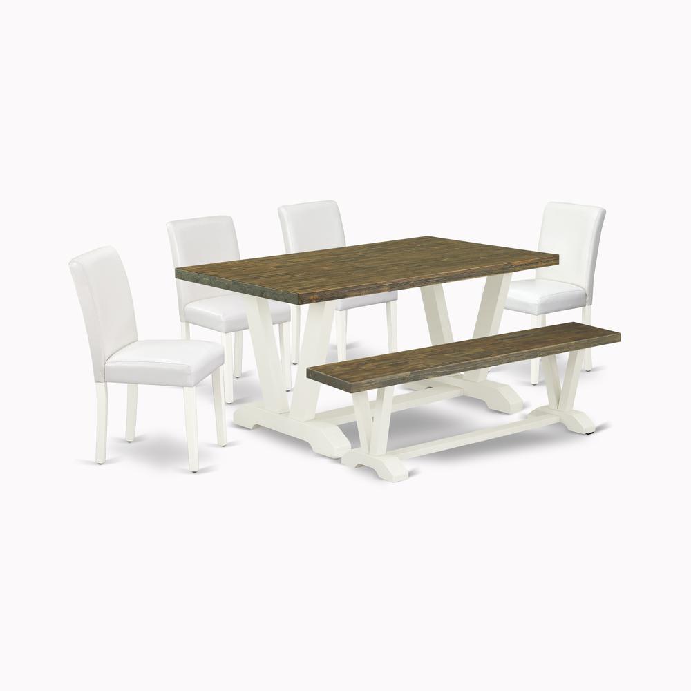 East West Furniture V076AB264-6 6-Piece Gorgeous Rectangular Table Set an Excellent Distressed Jacobean Wood Table Top and Distressed Jacobean Kitchen Bench and 4 Stunning Pu Leather Padded Chairs wit. Picture 1