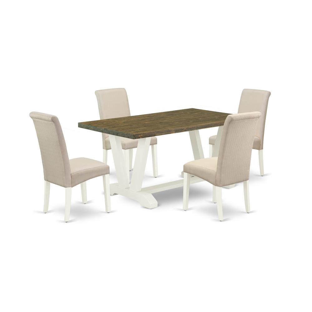 East West Furniture 5-Piece Gorgeous Dinette Set a Good Distressed Jacobean Kitchen Rectangular Table Top and 4 Attractive Linen Fabric Parson Chairs with High Roll Chair Back, Linen White Finish. Picture 1