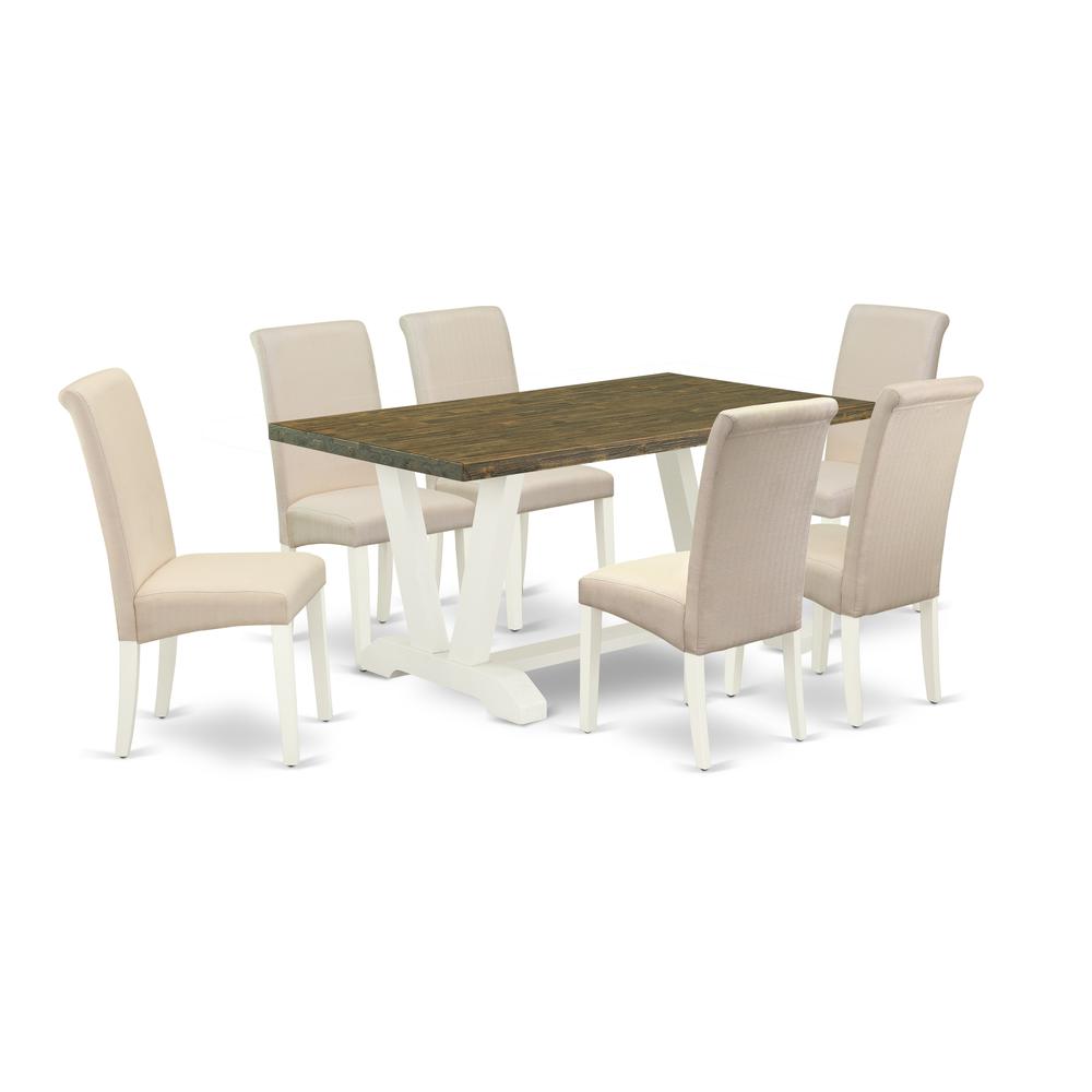 East West Furniture 7-Piece Modern Dining Table Set a Superb Distressed Jacobean Kitchen Rectangular Table Top and 6 Stunning Linen Fabric Solid Wood Leg Chairs with High Roll Chair Back, Linen White. Picture 1