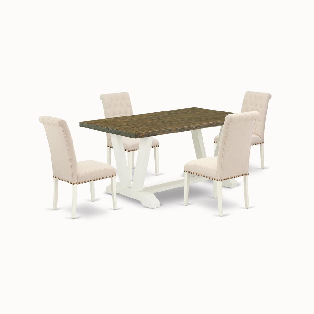 East West Furniture V076BR202-5 5-Piece Stylish Dinette Set an Excellent Distressed Jacobean Kitchen Table Top and 4 Lovely Linen Fabric Kitchen Parson Chairs with Nail Heads and Button Tufted Chair B. Picture 1