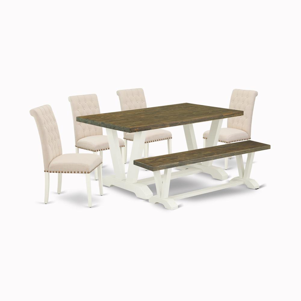 East West Furniture V076BR202-6 6-Piece Fashionable Modern Dining Table Set a Superb Distressed Jacobean dining table Top and Distressed Jacobean Wood Bench and 4 Beautiful Linen Fabric Parson Dining. Picture 1