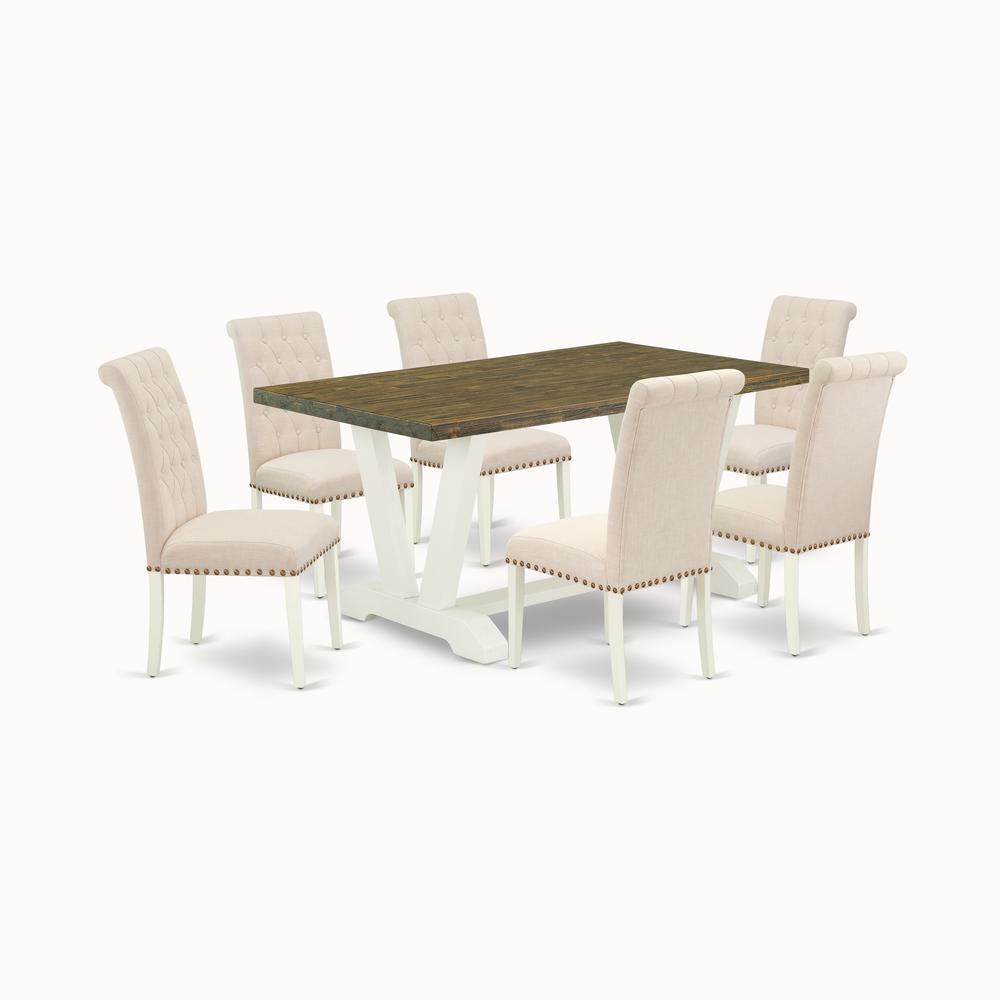 East West Furniture V076BR202-7 7-Piece Fashionable Rectangular Table Set a Great Distressed Jacobean Dining Table Top and 6 Stunning Linen Fabric Kitchen Chairs with Nail Heads and Button Tufted Chai. Picture 1