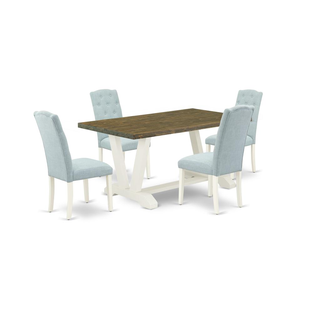 East West Furniture V076CE215-5 5-Piece Dining Set- 4 Dining Room Chairs with Baby Blue Linen Fabric Seat and Button Tufted Chair Back - Rectangular Table Top & Wooden Legs - Distressed Jacobean and L. Picture 1