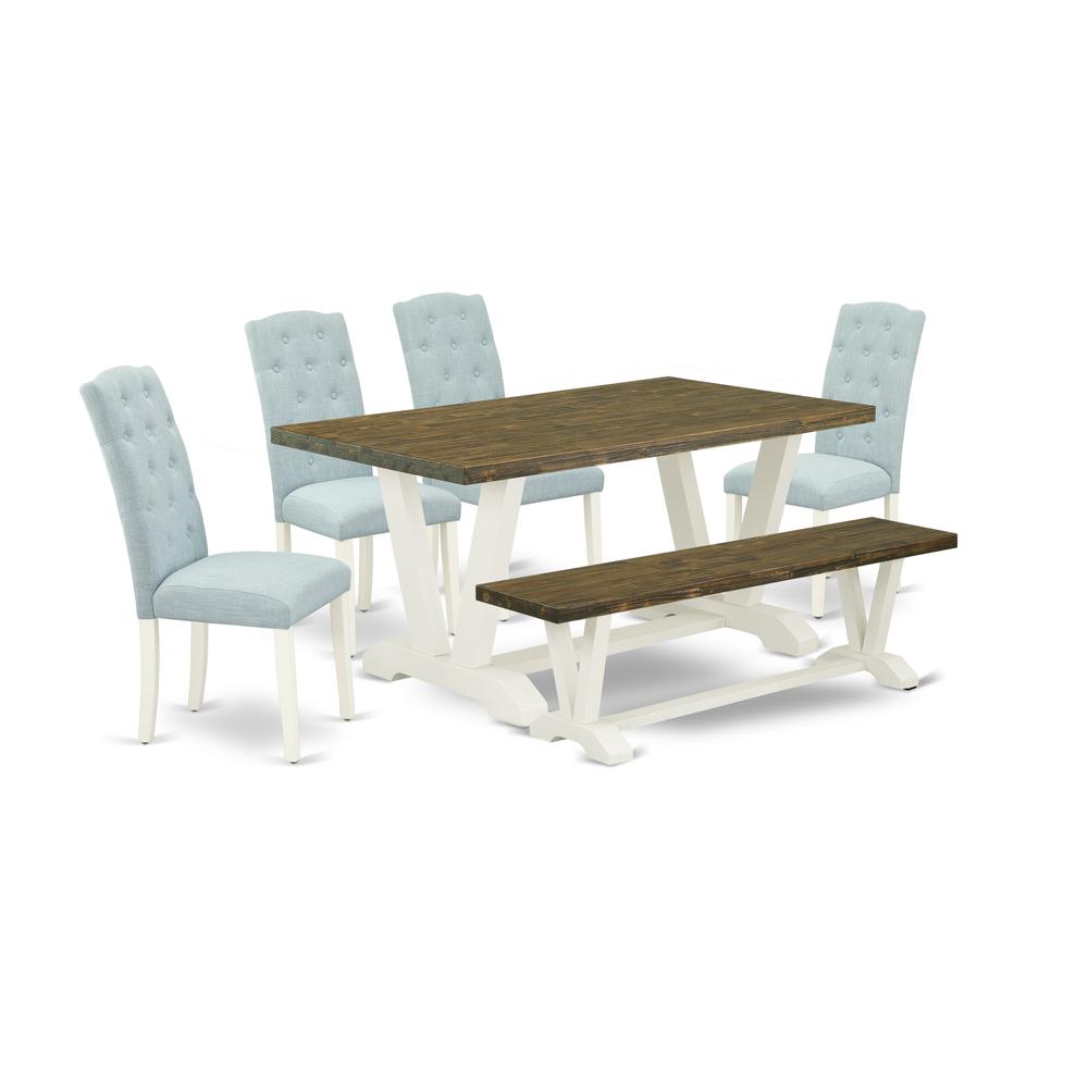 East West Furniture V076CE215-6 6-Piece Dining Room Set- 4 Kitchen Parson Chairs with Baby Blue Linen Fabric Seat and Button Tufted Chair Back - Rectangular Top & Wooden Legs Wood Dining Table and Din. Picture 1