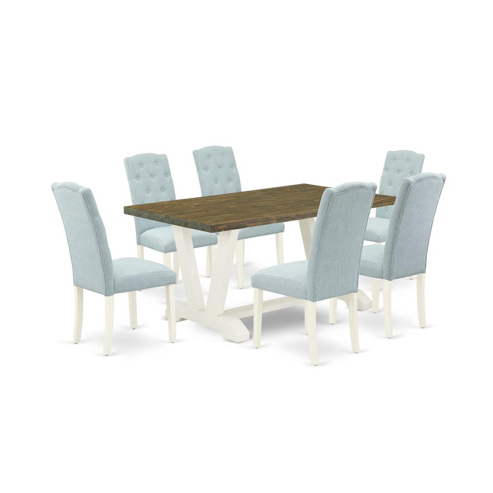 East West Furniture V076CE215-7 7-Pc Dining Table Set- 6 Dining Chairs with Baby Blue Linen Fabric Seat and Button Tufted Chair Back - Rectangular Table Top & Wooden Legs - Distressed Jacobean and Lin. Picture 1