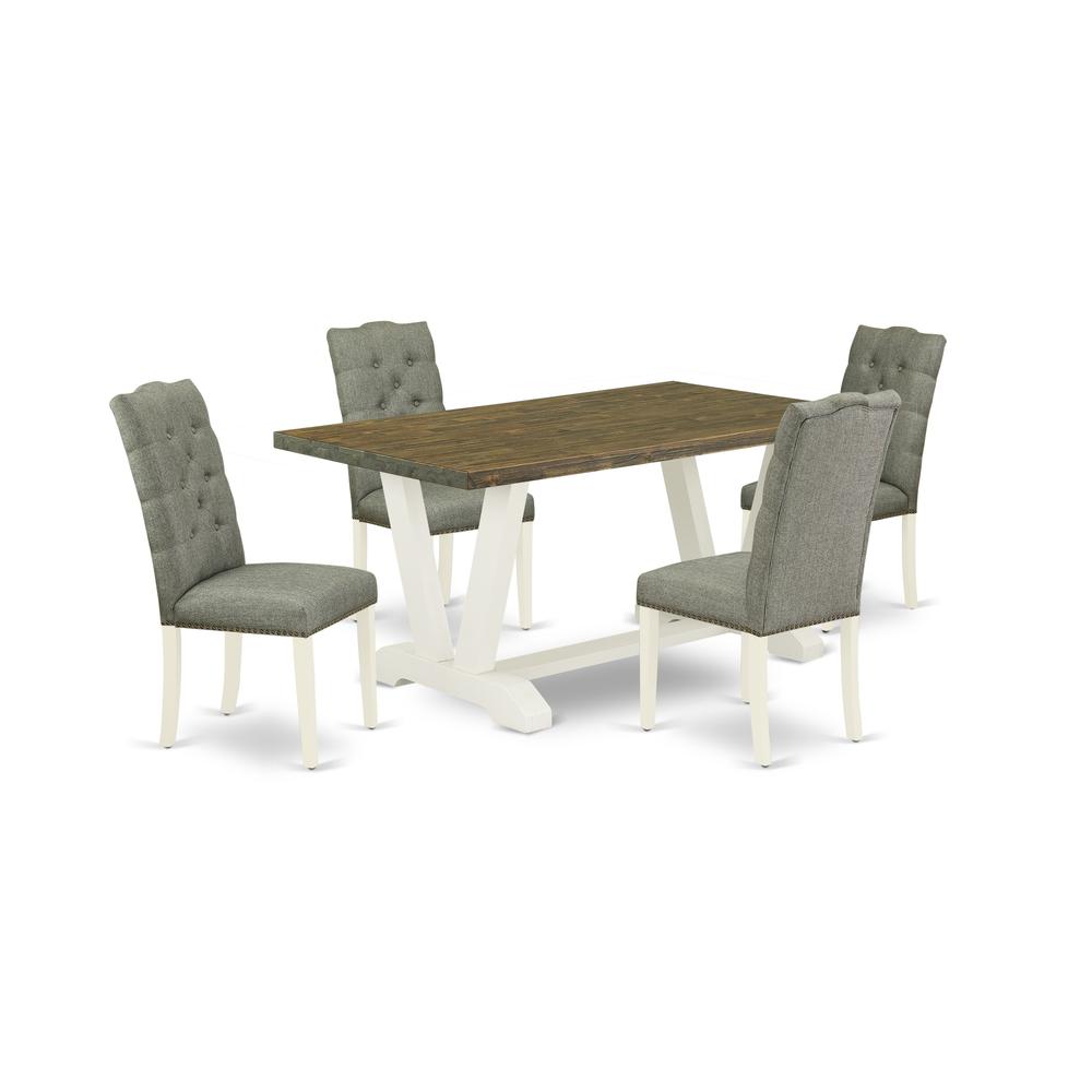 East West Furniture V076EL207-5 5-Piece Dining Set- 4 Dining Chairs with Smoke Linen Fabric Seat and Button Tufted Chair Back - Rectangular Table Top & Wooden Legs - Distressed Jacobean and Linen Whit. Picture 1