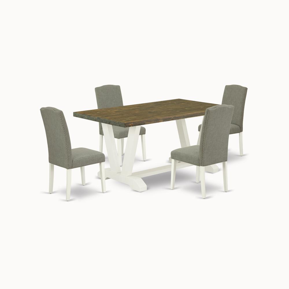 East West Furniture V076EN206-5 5-Piece Modern Kitchen Table Set an Outstanding Distressed Jacobean Wood Dining Table Top and 4 Attractive Linen Fabric Padded Parson Chairs with Nail Heads and Stylish. Picture 1