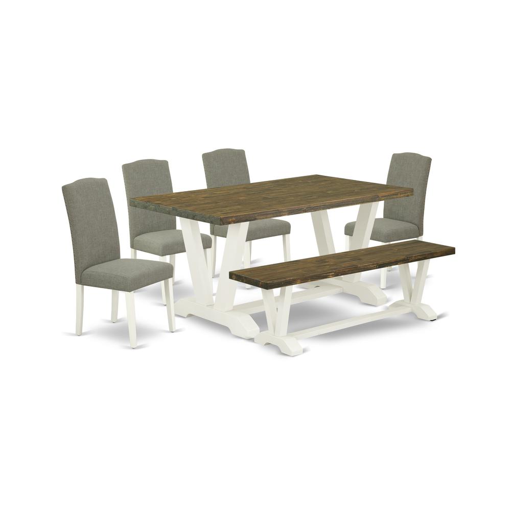 East West Furniture V076EN206-6 6-Piece Fashionable Rectangular Table Set a Superb Distressed Jacobean Wood Dining Table Top and Distressed Jacobean Wood Bench and 4 Stunning Linen Fabric Kitchen Pars. Picture 1
