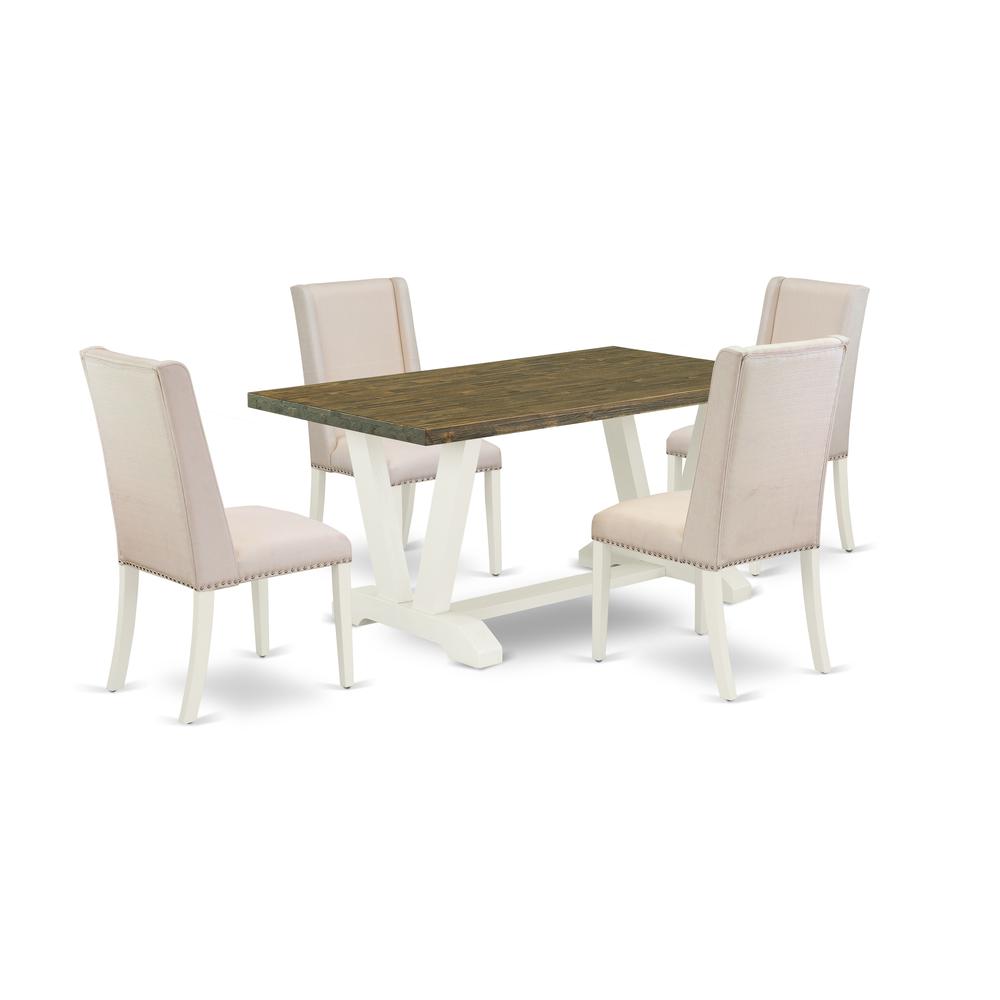 East West Furniture 5-Piece Stylish Dining Room Table Set an Excellent Distressed Jacobean Color Rectangular Dining Table Top and 4 Beautiful Linen Fabric Cream Color Kitchen Chairs with Nail Heads an. Picture 1