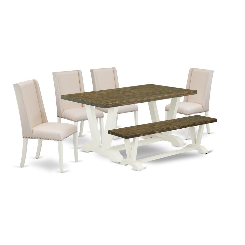 East West Furniture 6-Piece Fashionable an Excellent Distressed Jacobean Dining Table Top and Distressed Jacobean Wood Bench and 4 Gorgeous Linen Fabric Kitchen Parson Chairs with Nails Head and Styli. Picture 1