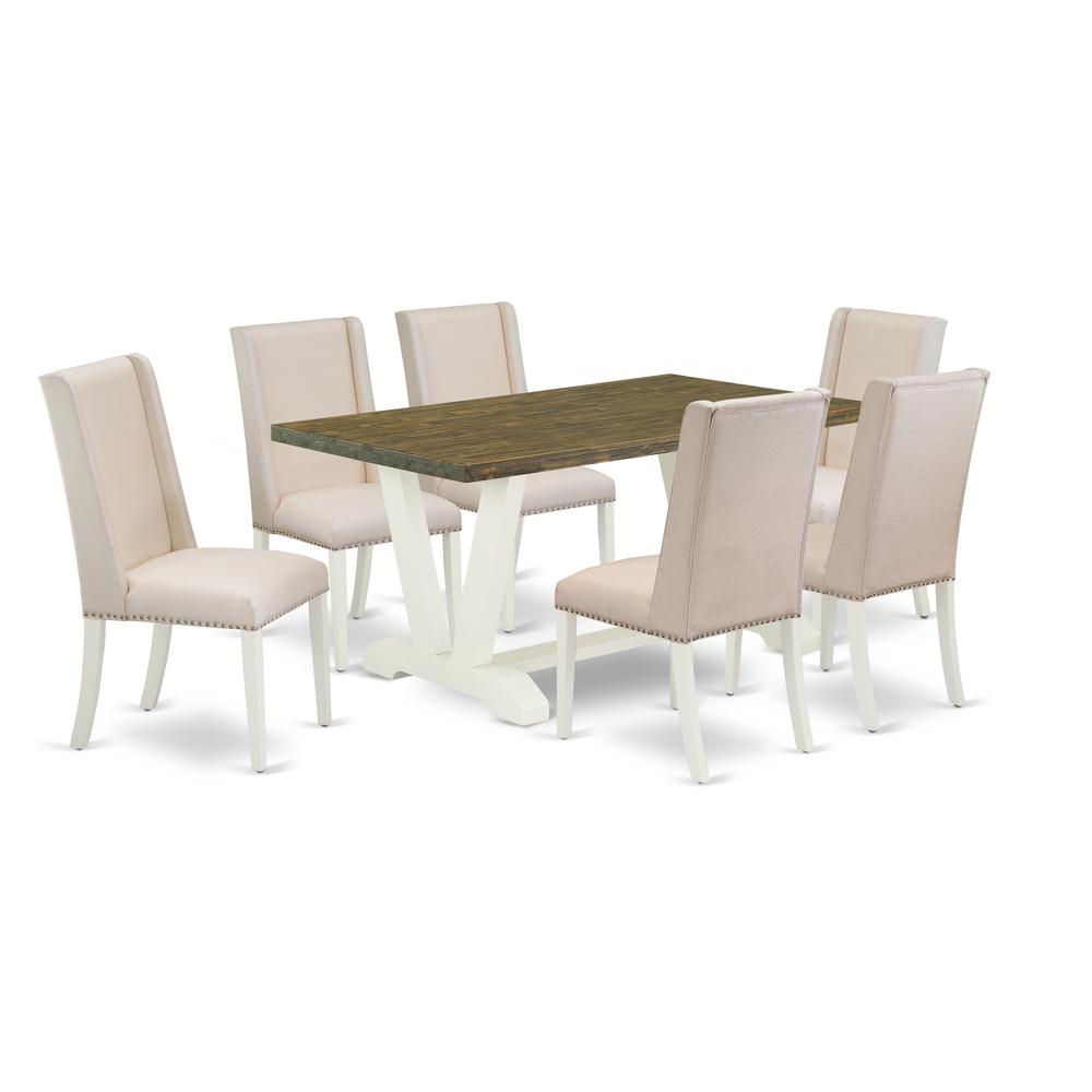 East West Furniture 7-Piece Gorgeous Modern Dining Table Set a Distressed Jacobean Color rectangular Table Top and 6 Beautiful Linen Fabric Cream Color Kitchen Chairs with Nail Heads and Stylish Chair. Picture 1