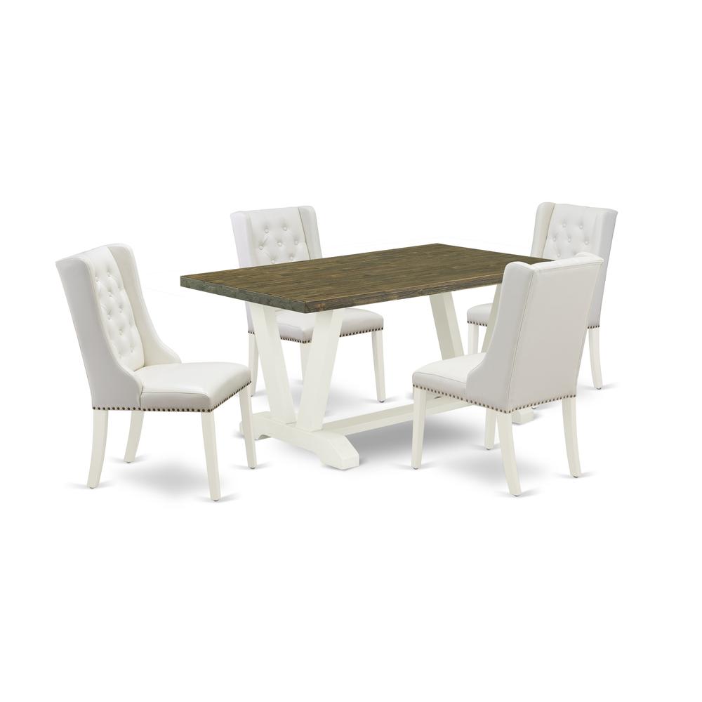 East West Furniture V076FO244-5 5-Pc Dining Table Set Contains 4 White Pu Leather Upholstered Dining Chairs Button Tufted with Nailheads and Dining Table - Linen White Finish. Picture 1