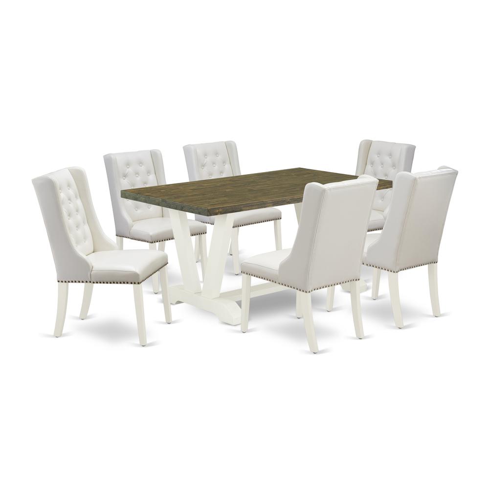 East West Furniture V076FO244-7 7-Piece Kitchen Table Set Includes 6 White Pu Leather Dining Chairs Button Tufted with Nailheads and Rectangular Dining Table - Linen White Finish. Picture 1