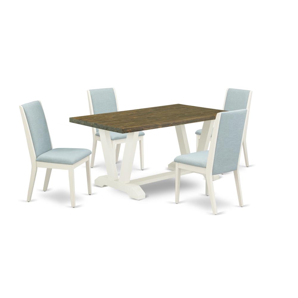 East West Furniture V076LA015-5 5Pc Dining Table set Includes a Dining Room Table and 4 Parson Chairs with Baby Blue Color Linen Fabric, Medium Size Table with Full Back Chairs, Wirebrushed Linen Whit. Picture 1