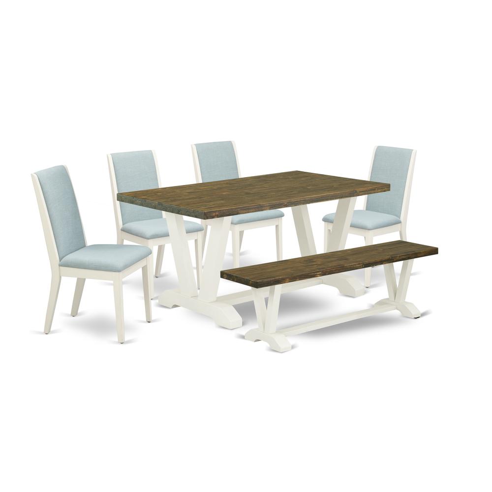 East West Furniture V076LA015-6 6Pc Dinette Sets for Small Spaces Consists of a Dining Room Table, 4 Parsons Chairs with Baby Blue Color Linen Fabric and a Bench, Medium Size Table with Full Back Chai. Picture 1