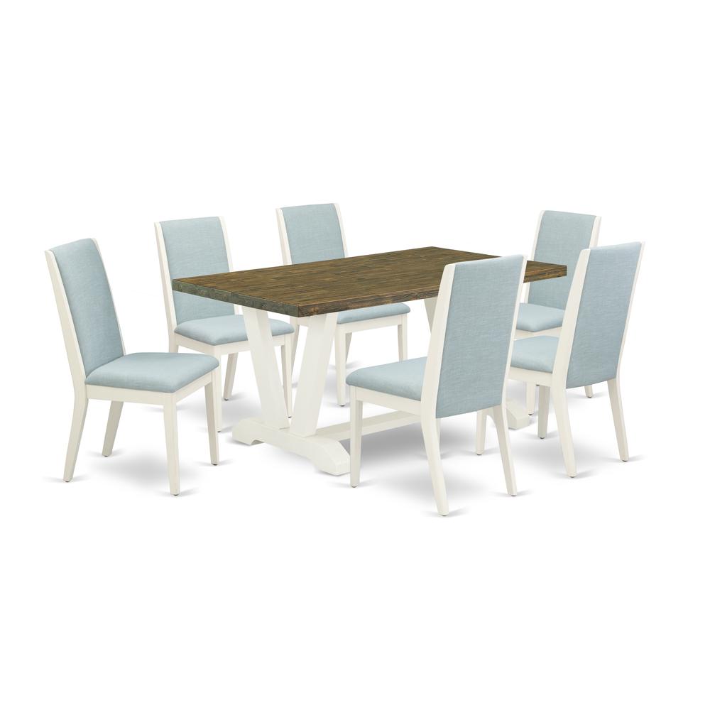 East West Furniture V076LA015-7 7Pc Dinette Set Offers a Wood Dining Table and 6 Parsons Dining Chairs with Baby Blue Color Linen Fabric, Medium Size Table with Full Back Chairs, Wirebrushed Linen Whi. Picture 1